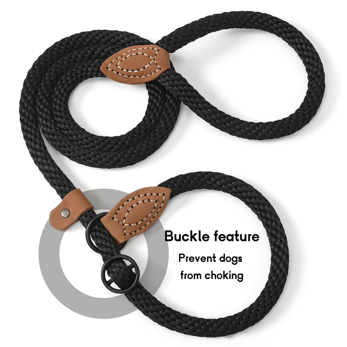 Heavy Duty Slip Lead No Pull Leash w Leather (Jet Black / 4 Feet)