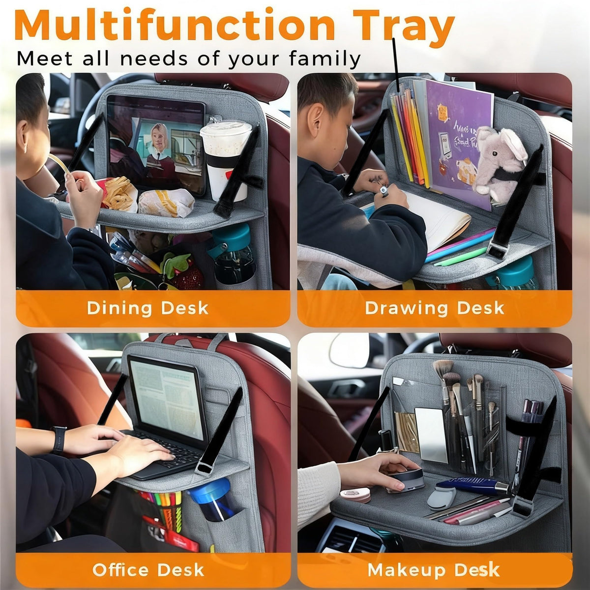 Backseat Car Organizer with Tray (2 Pack / Gray)
