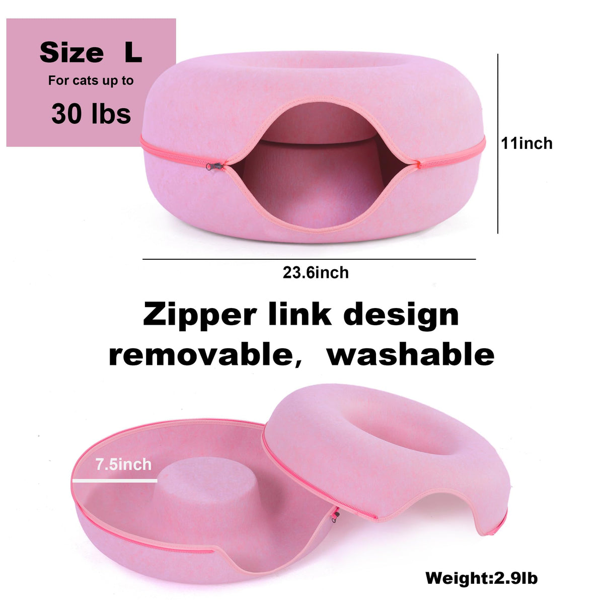 Large Cat Tunnel Bed for Indoor Cats with 3 Toys (L(24x24x11) / Pink)