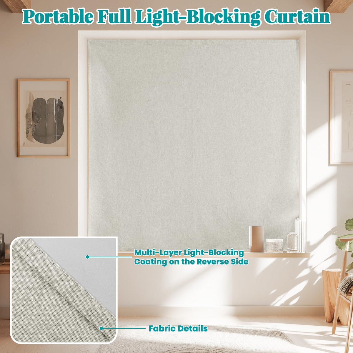 100% Blackout Self Adhesive Curtains (52"W x 60"L (Pack of 1) / Light Beige)