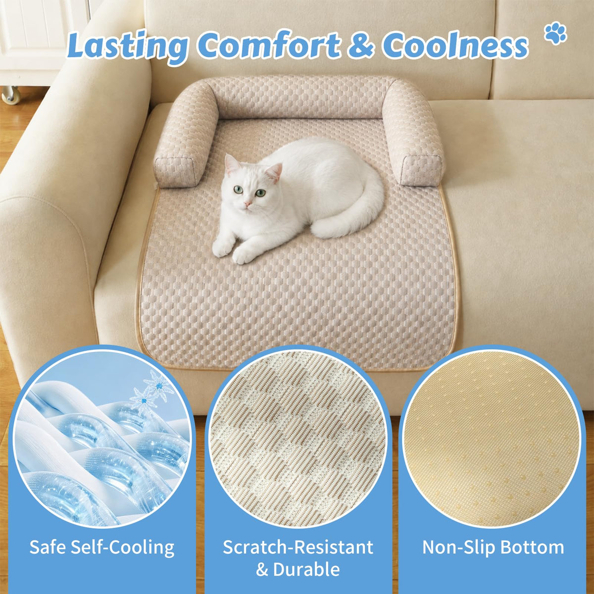 Cooling Pet Bed Mats with Neck & Head Support (Cooling-Khaki / Small(31.5"Lx23.62"Wx5.91"Th))