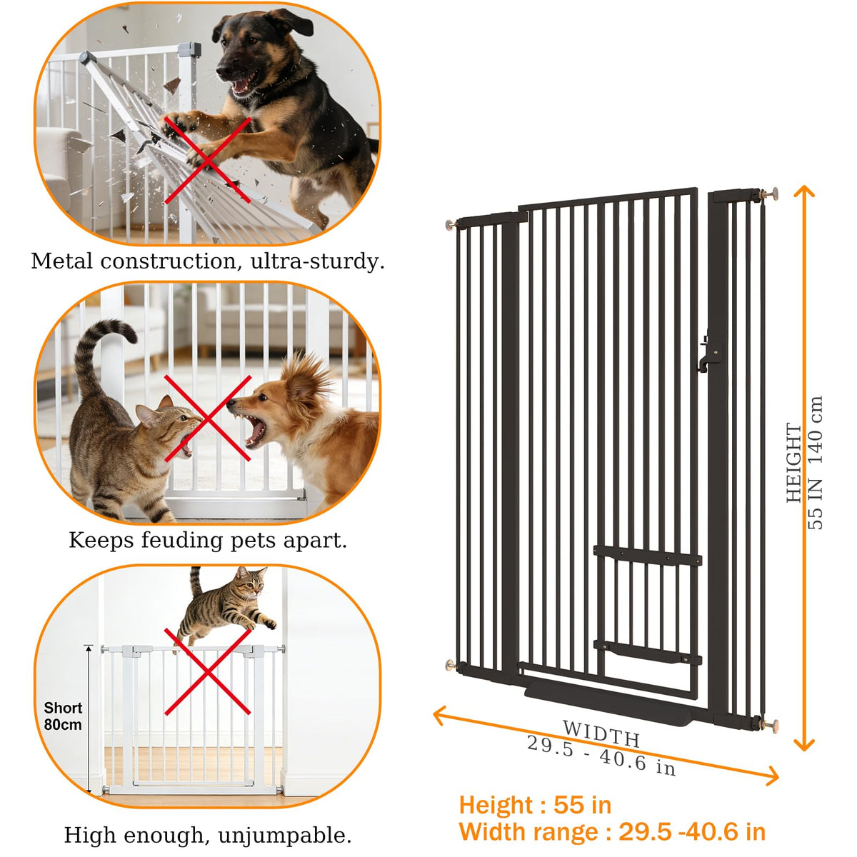 55.11" Extra Tall Pet Gate With Small Cat Door (Black / 55.11 inches SET A)
