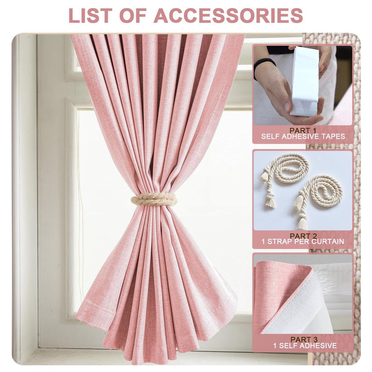100% Blackout Stick on Self Stick Curtains (Light Pink / 46"W x 72"H)