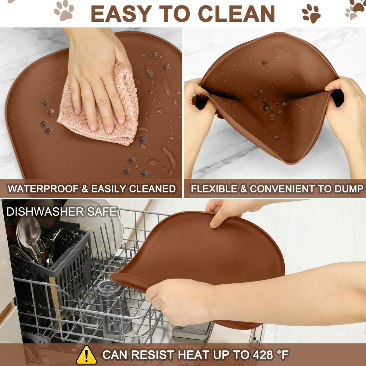 Waterproof Silicone Pet Food Mat with Raised Edge for Dog & Cat (12"L x 12"W / Brown)