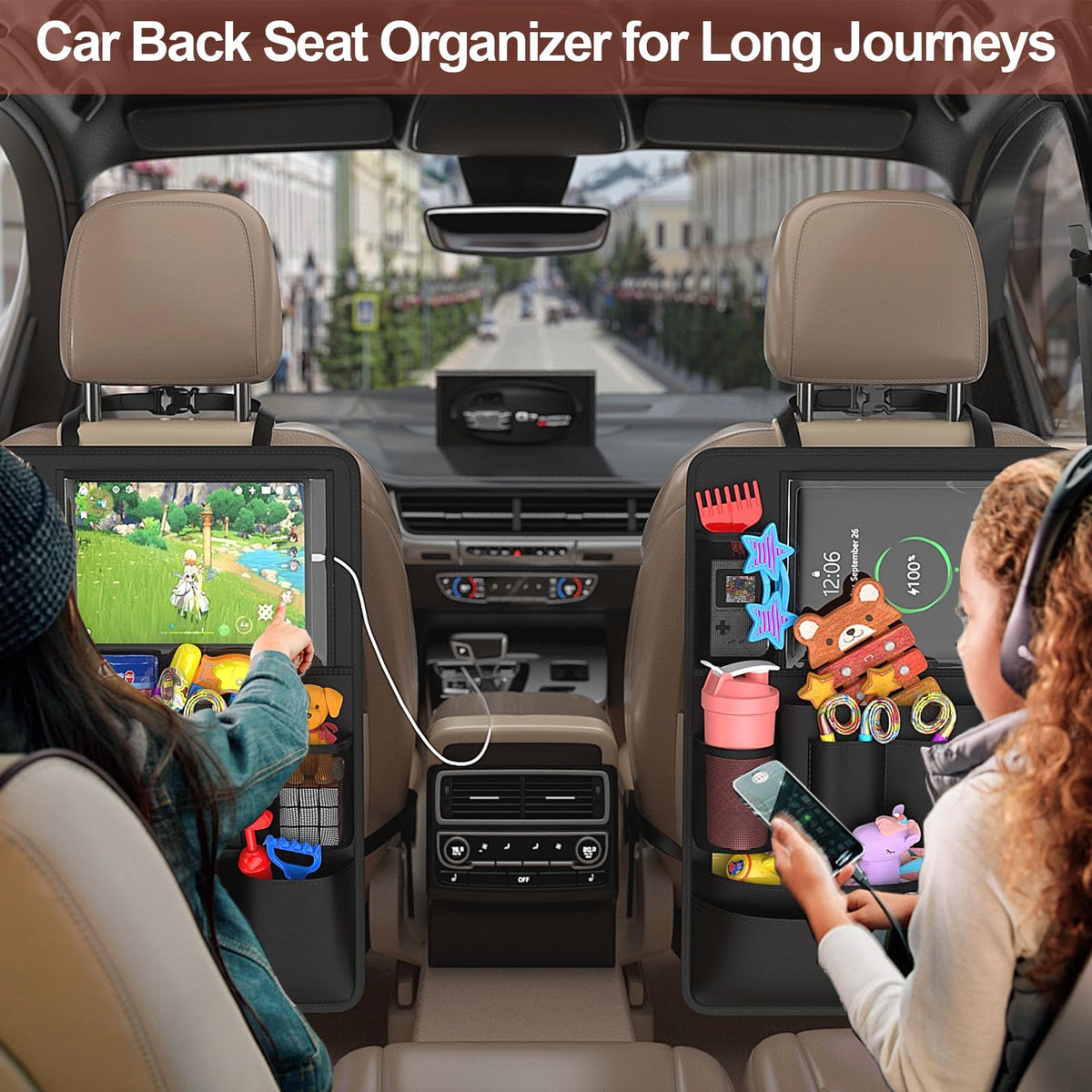 Backseat Car Organizer with Tablet Charging Port for Kids Travel (Black)