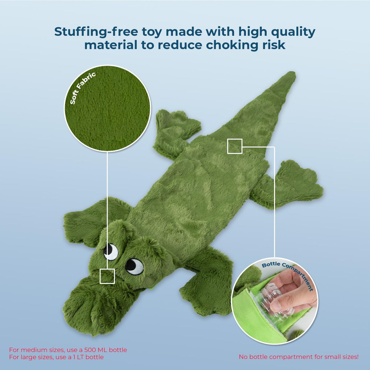2-in-1 Stuffless Squeaky Dog Toy - Alligator, Large (Green/Alligator / Large)
