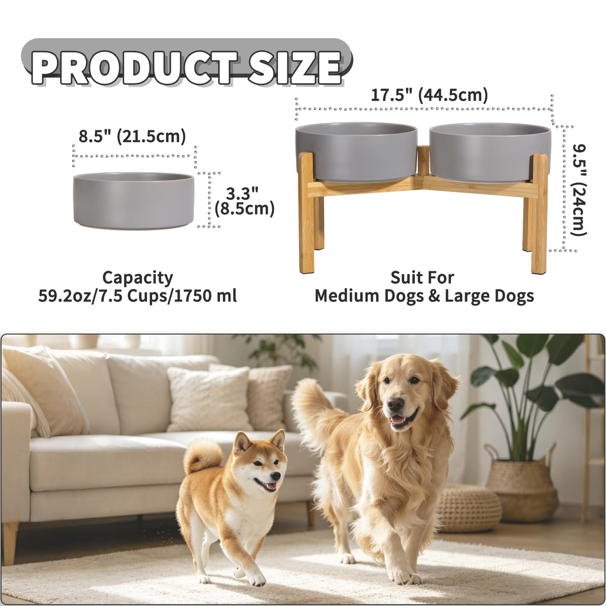 Elevated Ceramic Dog Bowl Set (Dark Gray / Large)