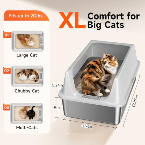 2 Pack XL Stainless Steel Litter Box with High Sides for Large Cat (Gray-2Pack)