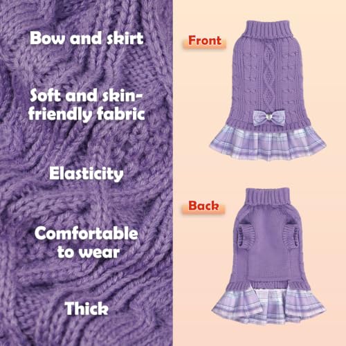 2 Pack Small Dog Sweater Dress with Bowtie Turtleneck (Medium (8-14lbs) / Pink+Purple)