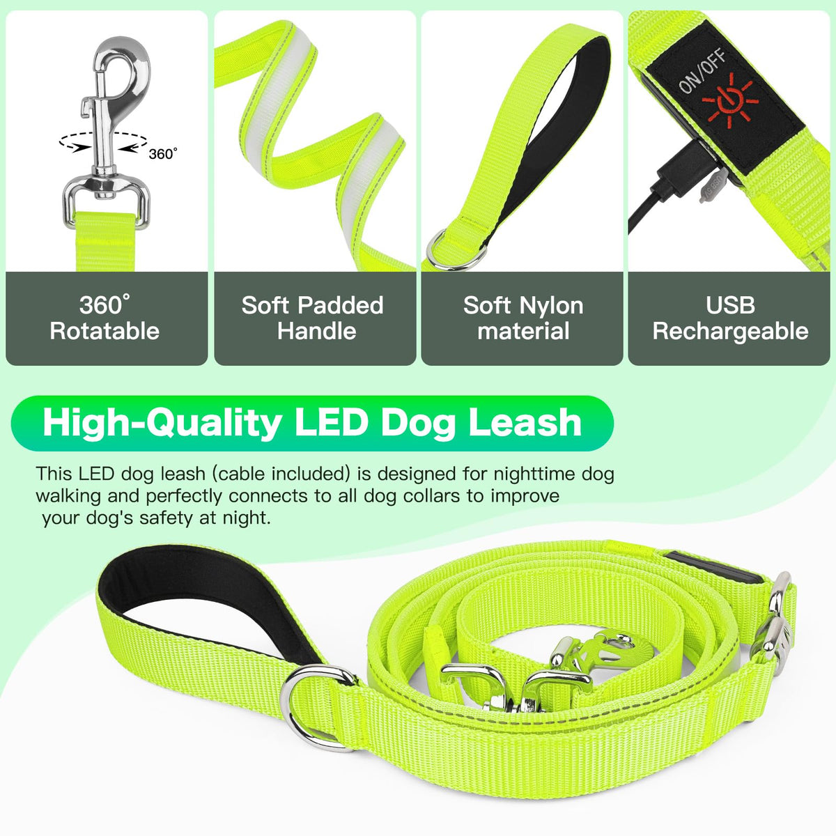 LED Light Up Dog Leash (Green / 6Ft(Three-section))