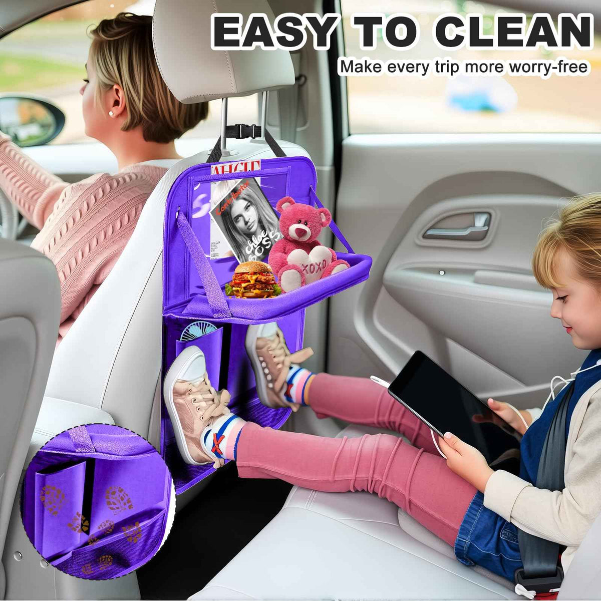 2 Pack Car Backseat Organizer with Foldable Table Tray Purple (Purple / 2 Pack with Food Tray)