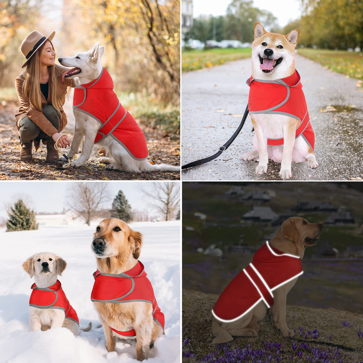 Dog Raincoat for Large Dogs Waterproof Jacket Hooded Rain Coats with Reflective Strips Leash Hole & Poncho Adjustable Fit (Red / Large)