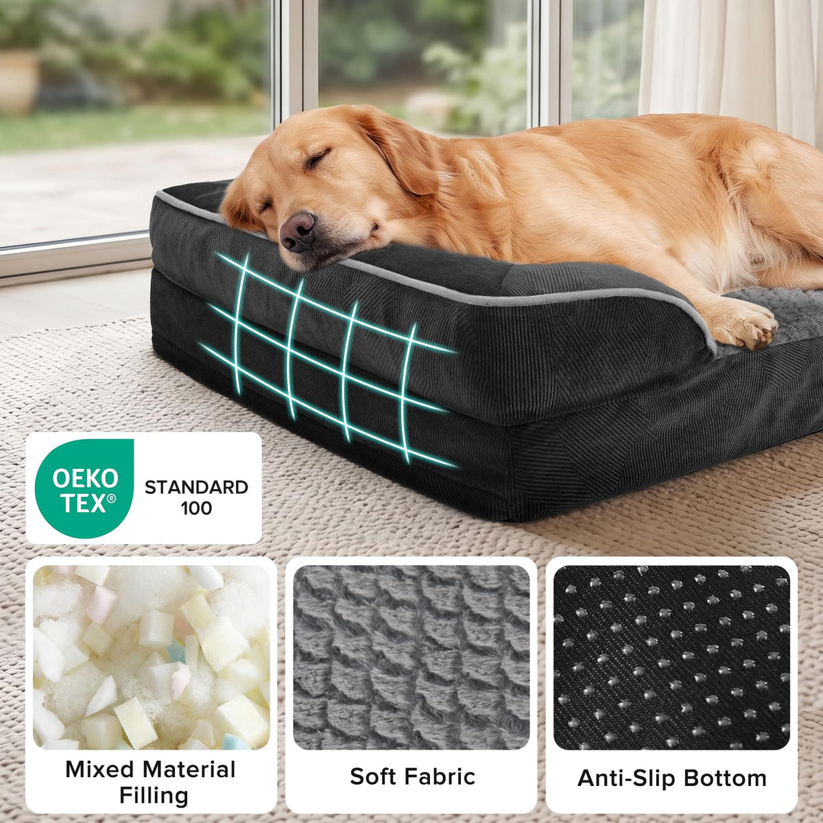 L Plus Orthopedic Dog Bed for Large Dogs (Black / L- PLUS (38"x 28"x 7"))