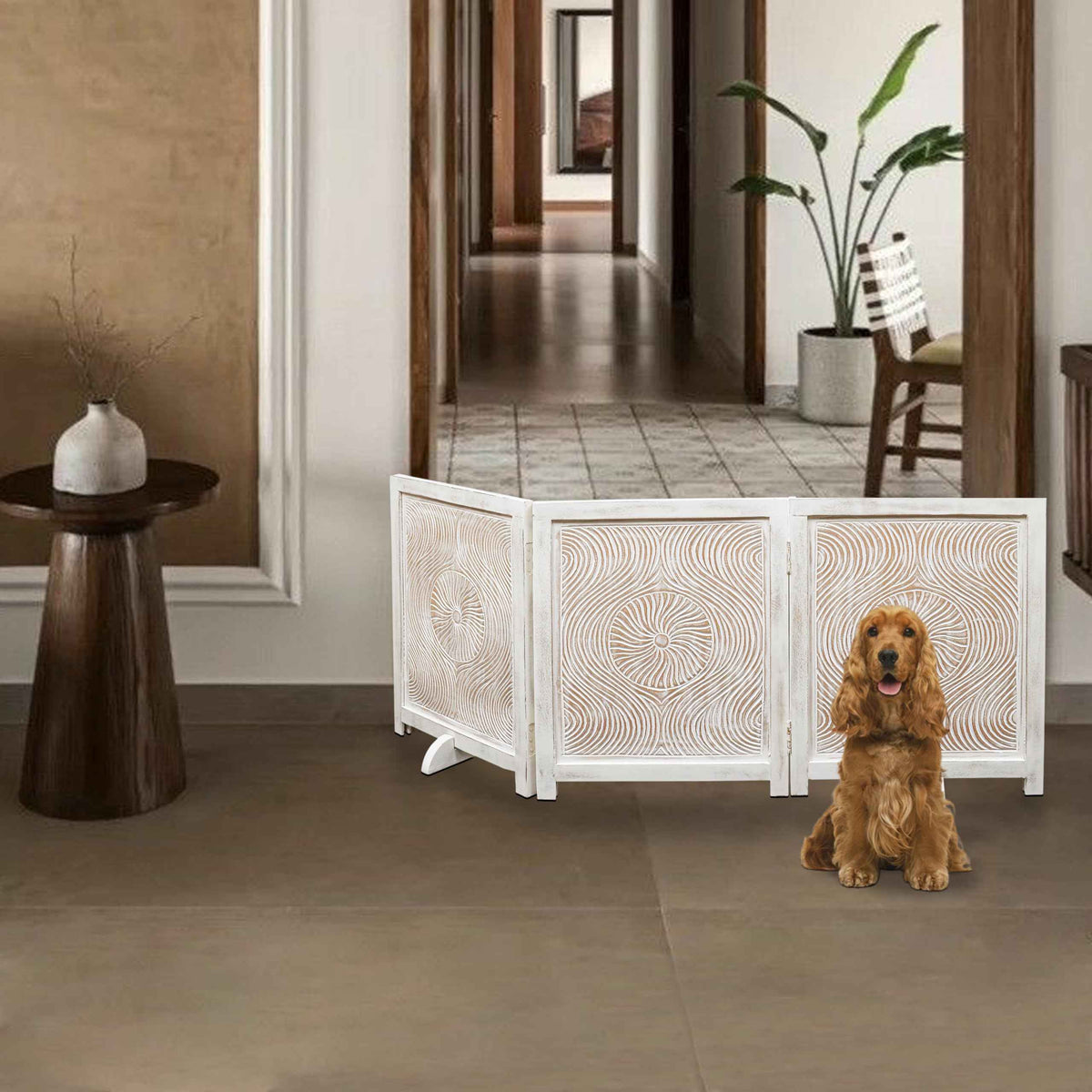 Freestanding Pet Gate for Dogs (White Antique / 54x22.5" 3 Panel Carving)