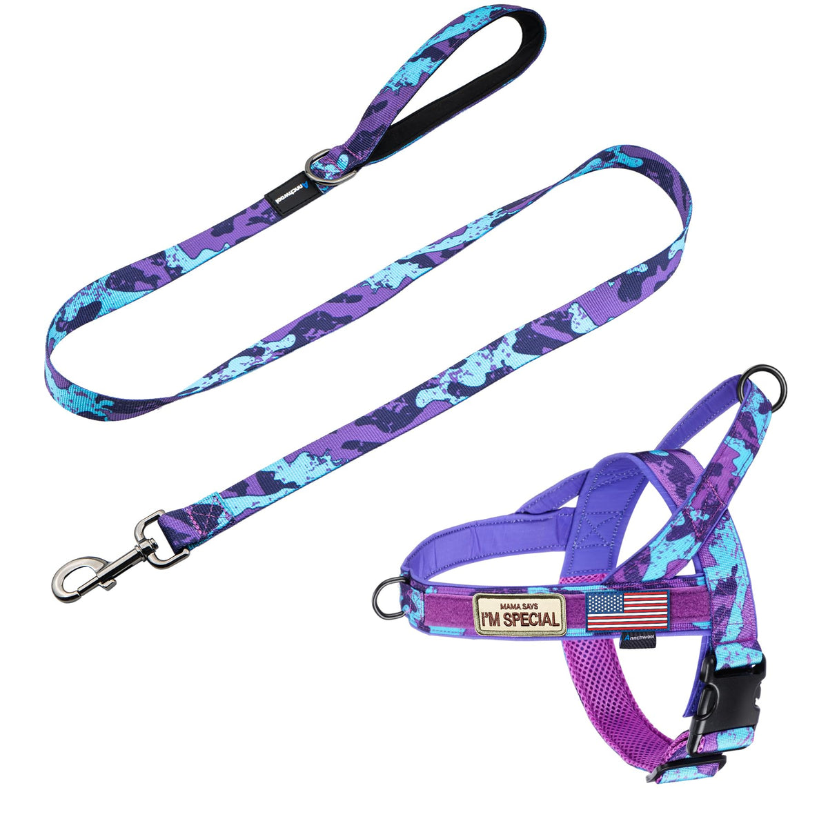 No Pull Dog Harness with Padded Handle+5Ft Leash (XL / Camo Purple Set)