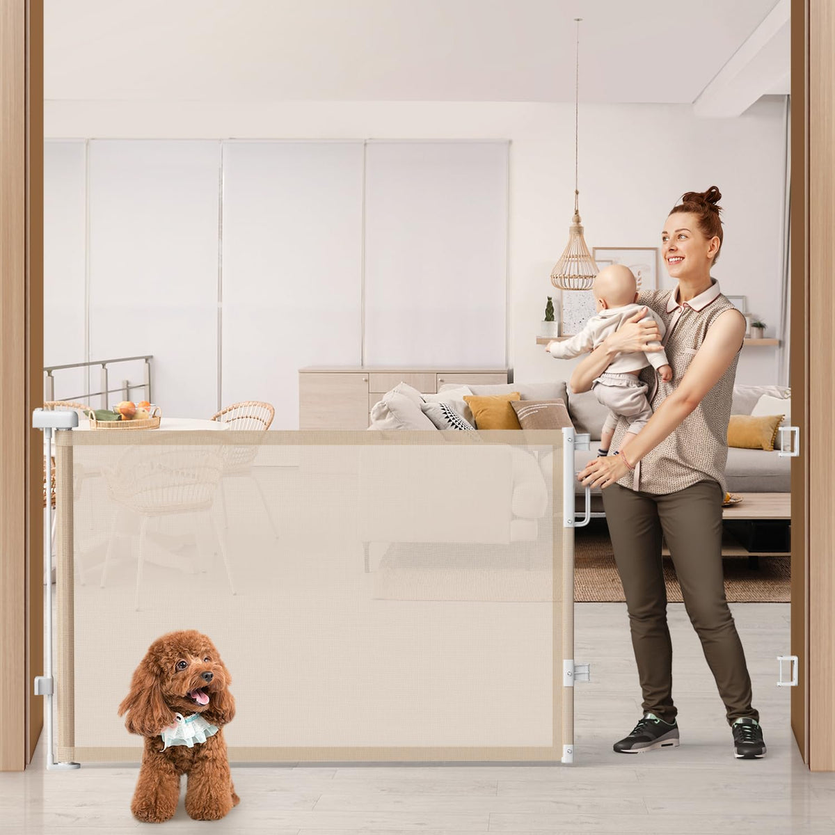 76" Retractable Baby Gates Extra Wide (Beige / 34" Tall x 76" Wide)