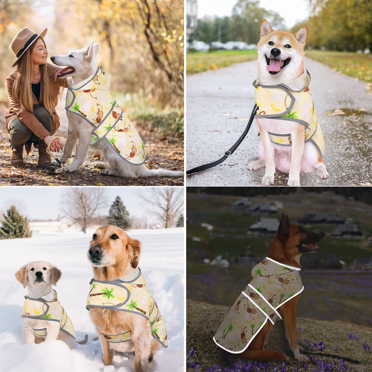 Dog Raincoat for Large Dogs Waterproof Jacket Hooded Rain Coats with Reflective Strips Leash Hole & Poncho Adjustable Fit (Monkey Banana / X-Large)