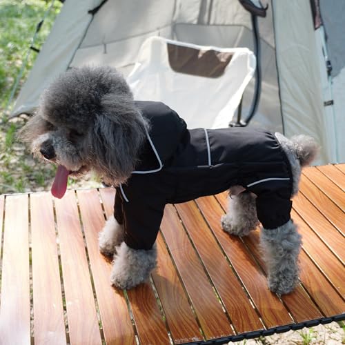Fleece Lined Dog Raincoat with Removable Hood (Black-Fleeced / 3XL (Back 22"))