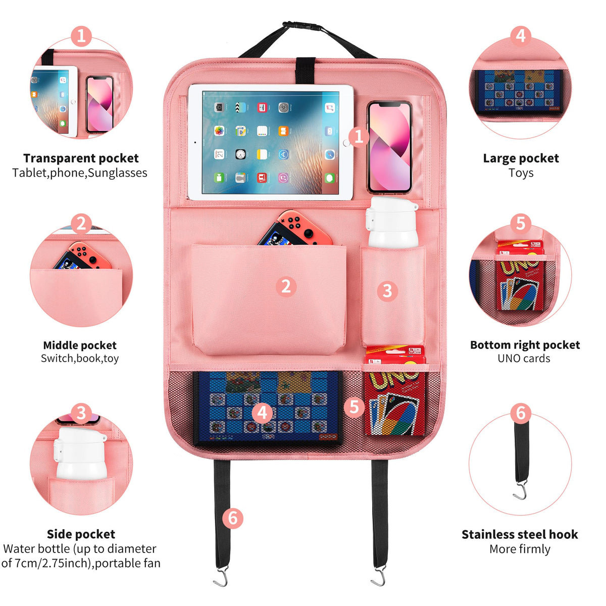 Car Backseat Organizer with Foldable Tablet Holder (Pink-3 / 2 Pack with Food Tray)