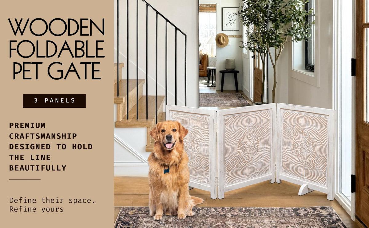 Freestanding Pet Gate for Dogs (White Antique / 54x22.5" 3 Panel Carving)