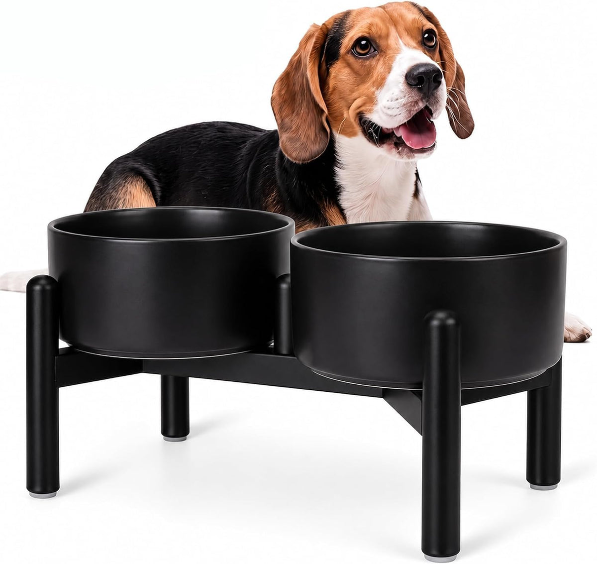 Raised Ceramic Dog Bowl Set with Stand (Black / 2 Bowls - 3.5 Cups Each)