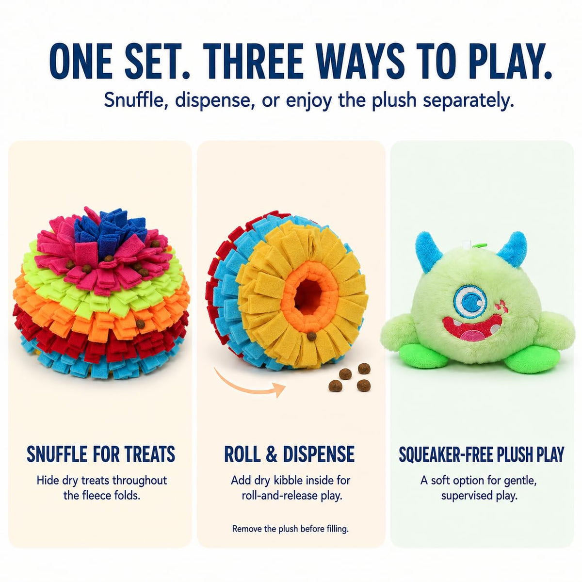 2-in-1 Snuffle Ball for Dogs with Removable Plush Toy and Built-in Storage, Interactive Dog Puzzle Toy for Treat Hiding & Slow Feeding, Machine Washable Dog Enrichment Set (Rainbow-colored / Large)