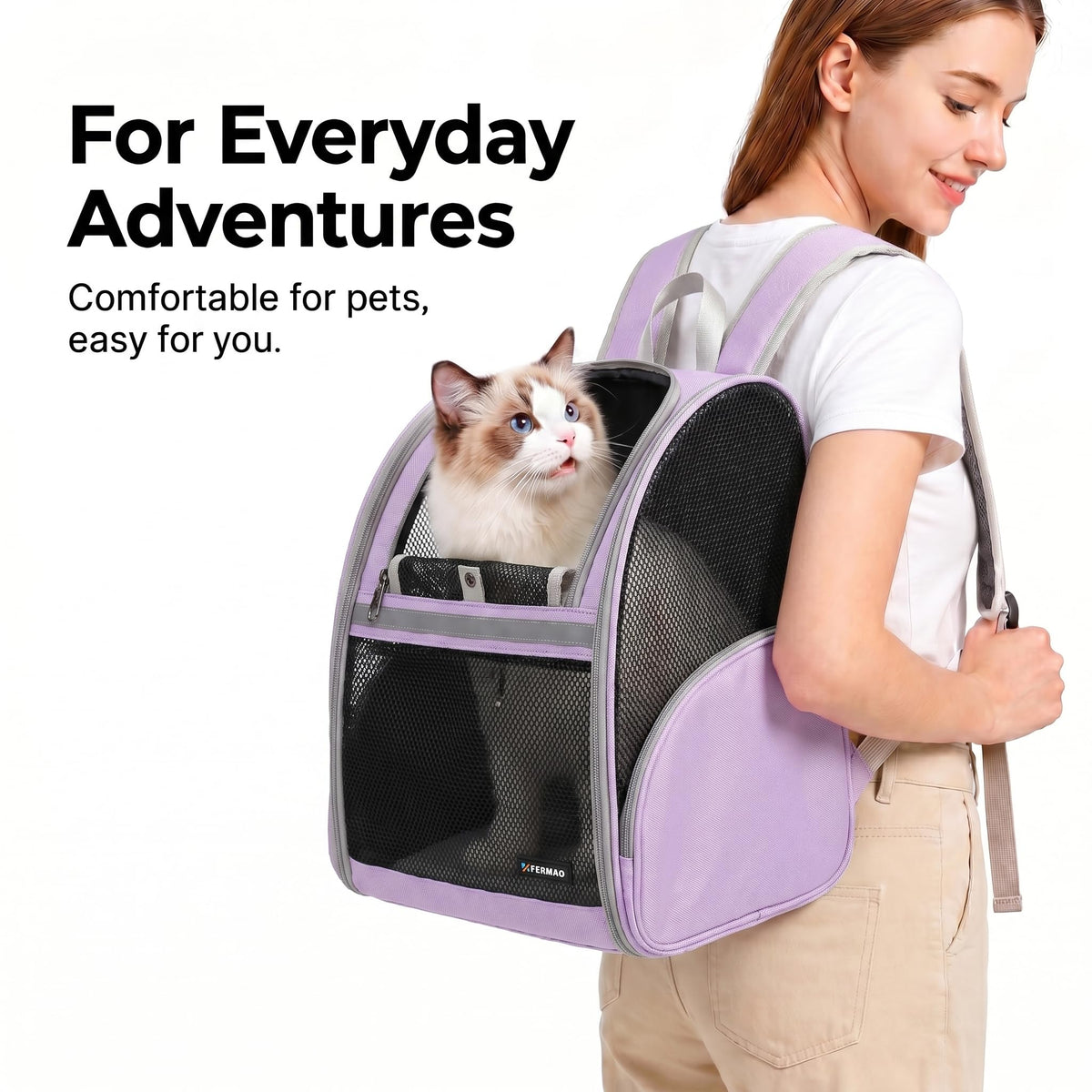Cat Backpack Carrier for Small Dogs and Medium cat Puppy Kitten Bunny Pet Carrier Backpack Collapsible with Fully Ventilated Mesh with Safety Leash (Purple / 12.9"L x 10.6"W x 15.5"H)