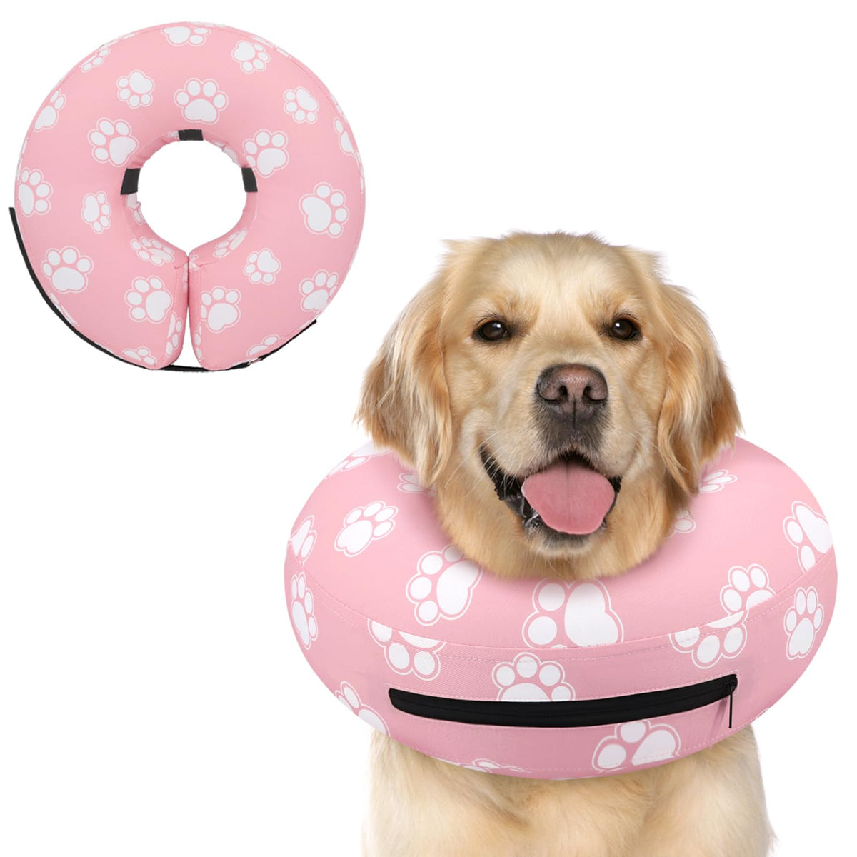 Inflatable Dog Cone Collar Alternative After Surgery (T Paw Pink / L(Neck 12"-16"))
