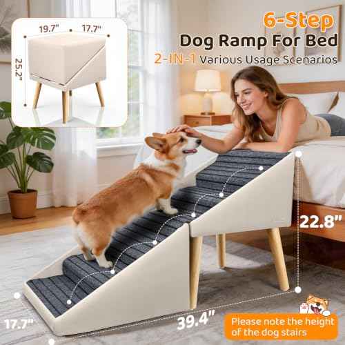 Dog Stairs & Ramp for High Bed & Couch (Beige / 22.8in Bed)