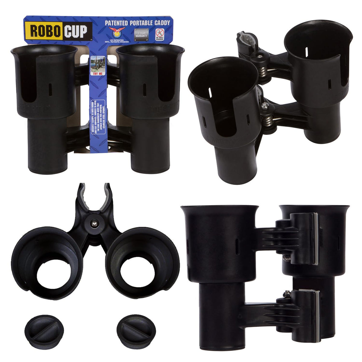 Black), Patented Clamp On Boat Cup Holder |Multifunction Dual Drink Caddy for Fishing Poles, Tools, Net, Gaff |Portable Storage for Boating, Beach, Umbrellas, Golf Carts, Strollers (Black / Standard Spring)