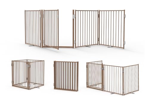 Freestanding Dog Gate with Door for Indoor & Outdoor (Brown / 【4 Panels with Door】104"W×30"H)