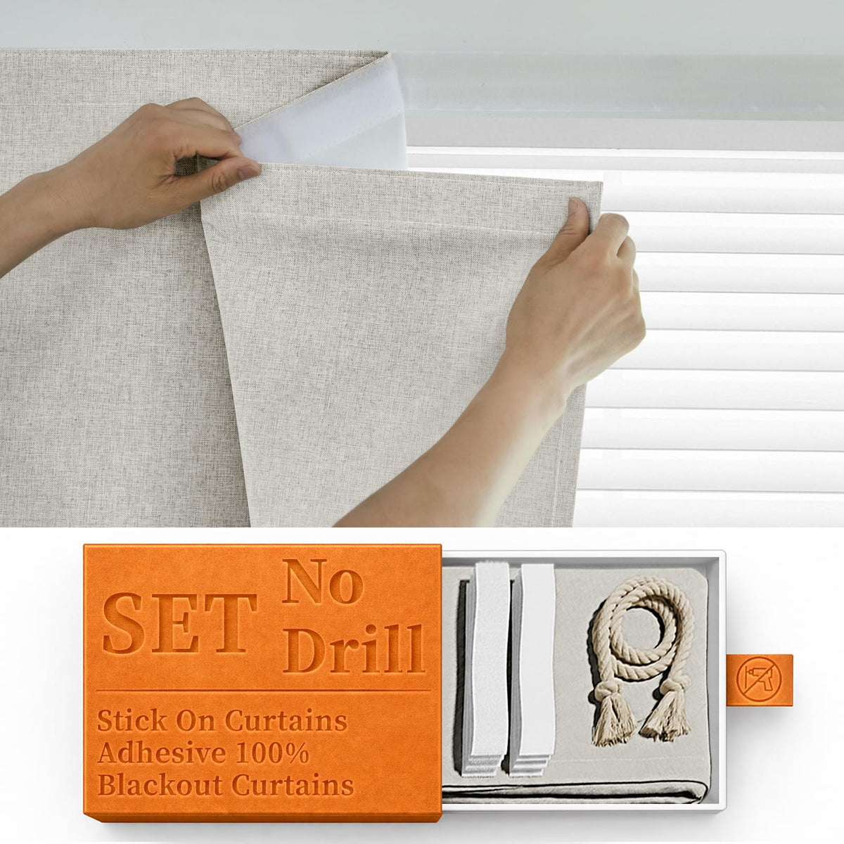 100% Blackout Self Adhesive Curtains (52"W x 60"L (Pack of 1) / Light Beige)