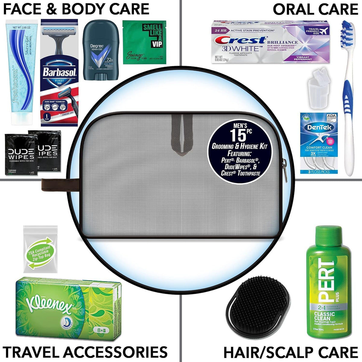 Men's 15 Piece Travel Skin Care and Body Care Kit with Shampoo (14 Kits)
