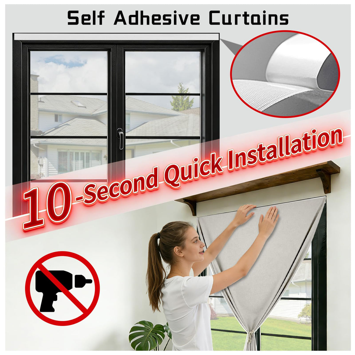100% Blackout Self Adhesive Curtains (45"W x 60"L (Pack of 1) / Light Beige)