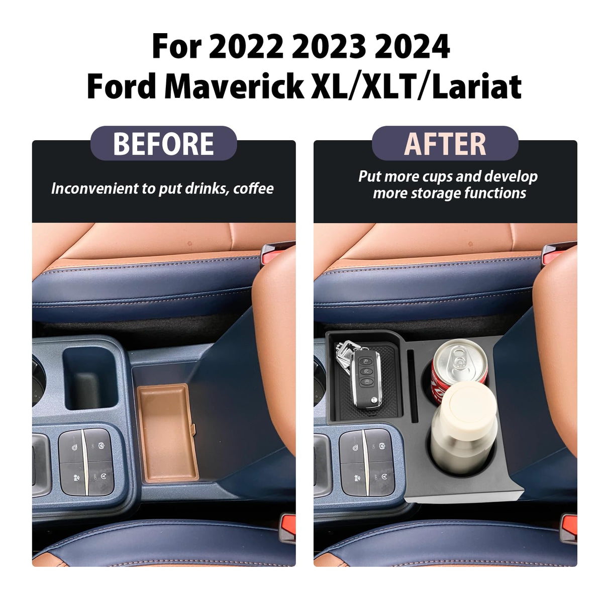 LUWU Center Console Cup Holder Organizer Tray Compatible with 2022 2023 2024 2025 Ford Maverick Truck Cup Holders Insert Expander Organizer Tray Drink Holder with Mat Ford Maverick Accessories (2 in 1 Front Cup Holder)