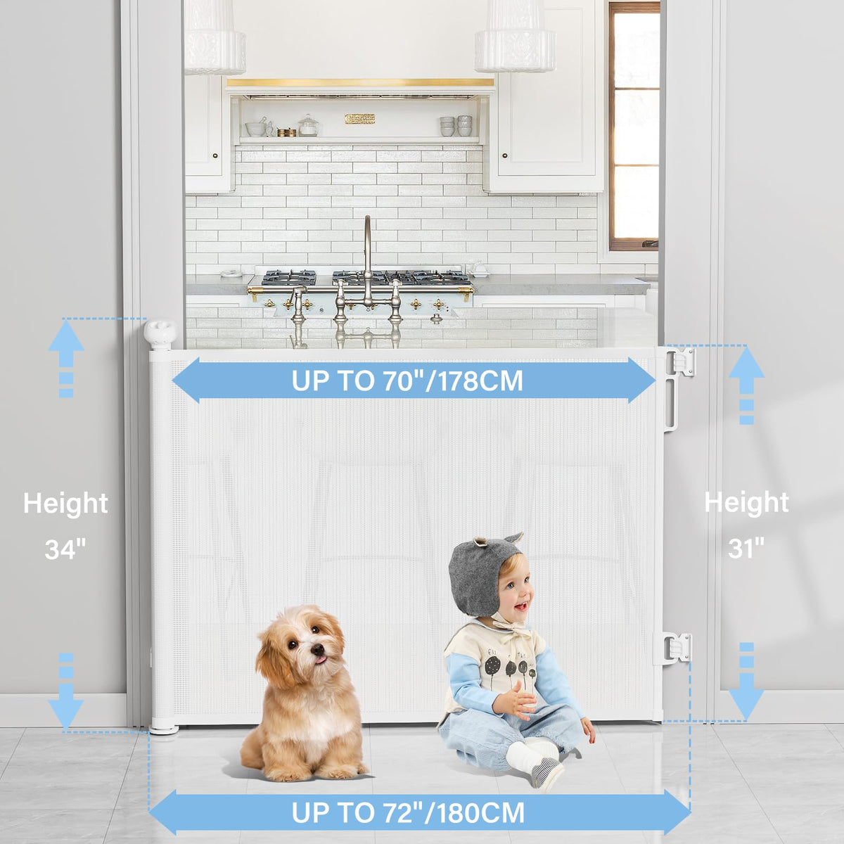 Retractable Baby & Dog Gates (B-white / 34" Tall x 72" Wide)