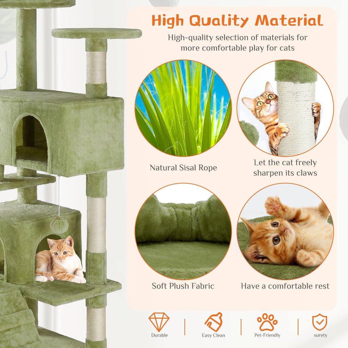 54 Inch Cat Tree Tower with Natural Sisal Scratching Post (Green / 54IN)
