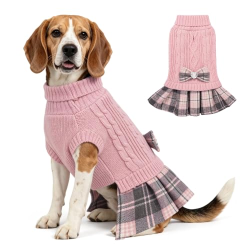 Small Dog Sweater Dress with Bowtie Turtleneck (XX-Large (30-45lbs) / Pink)