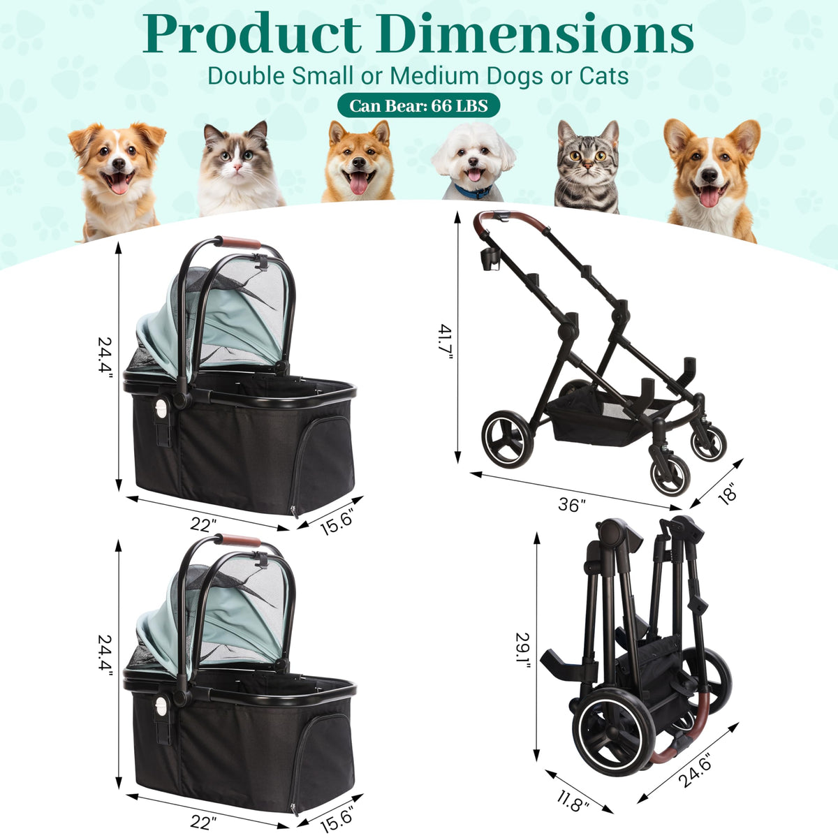 Foldable Double Pet Stroller for 2 Small Medium Cats Dogs (Light Blue / Double)