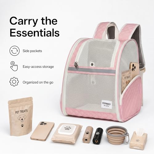 Cat Backpack Carrier for Small Dogs and Medium cat Puppy Kitten Bunny Pet Carrier Backpack Collapsible with Fully Ventilated Mesh with Safety Leash (Pink / 12.9"L x 10.62"W x 15.5"H)