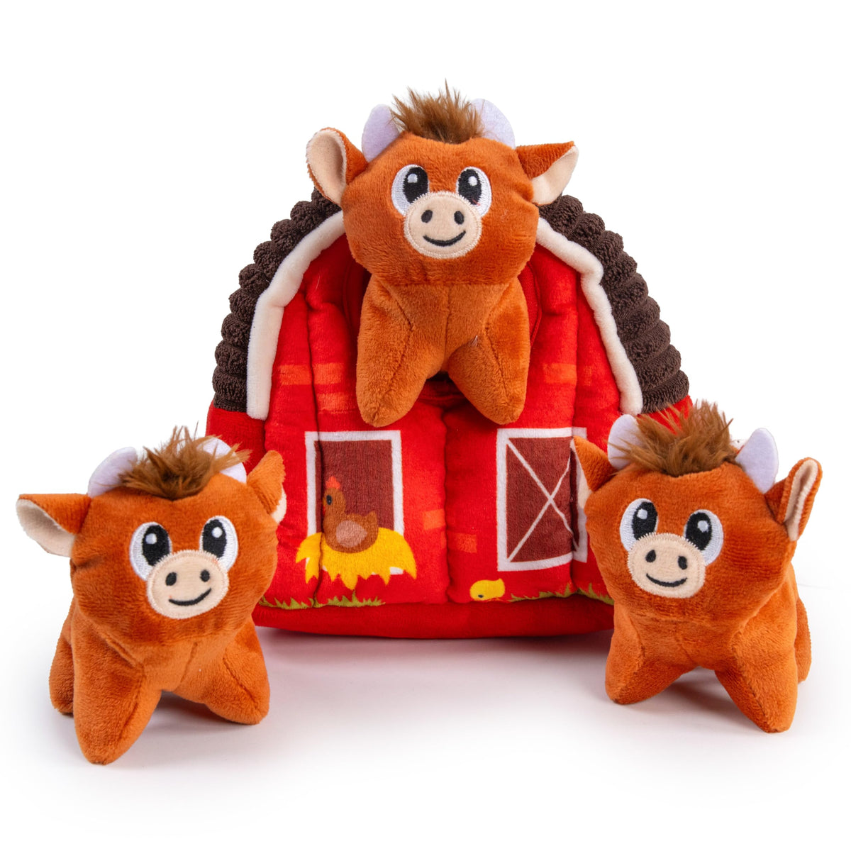Hide-A-Cow Dog Toy, 2-in-1 Interactive Hide & Seek Plush Puzzle with Barn & 3 Squeaky Highland Cows