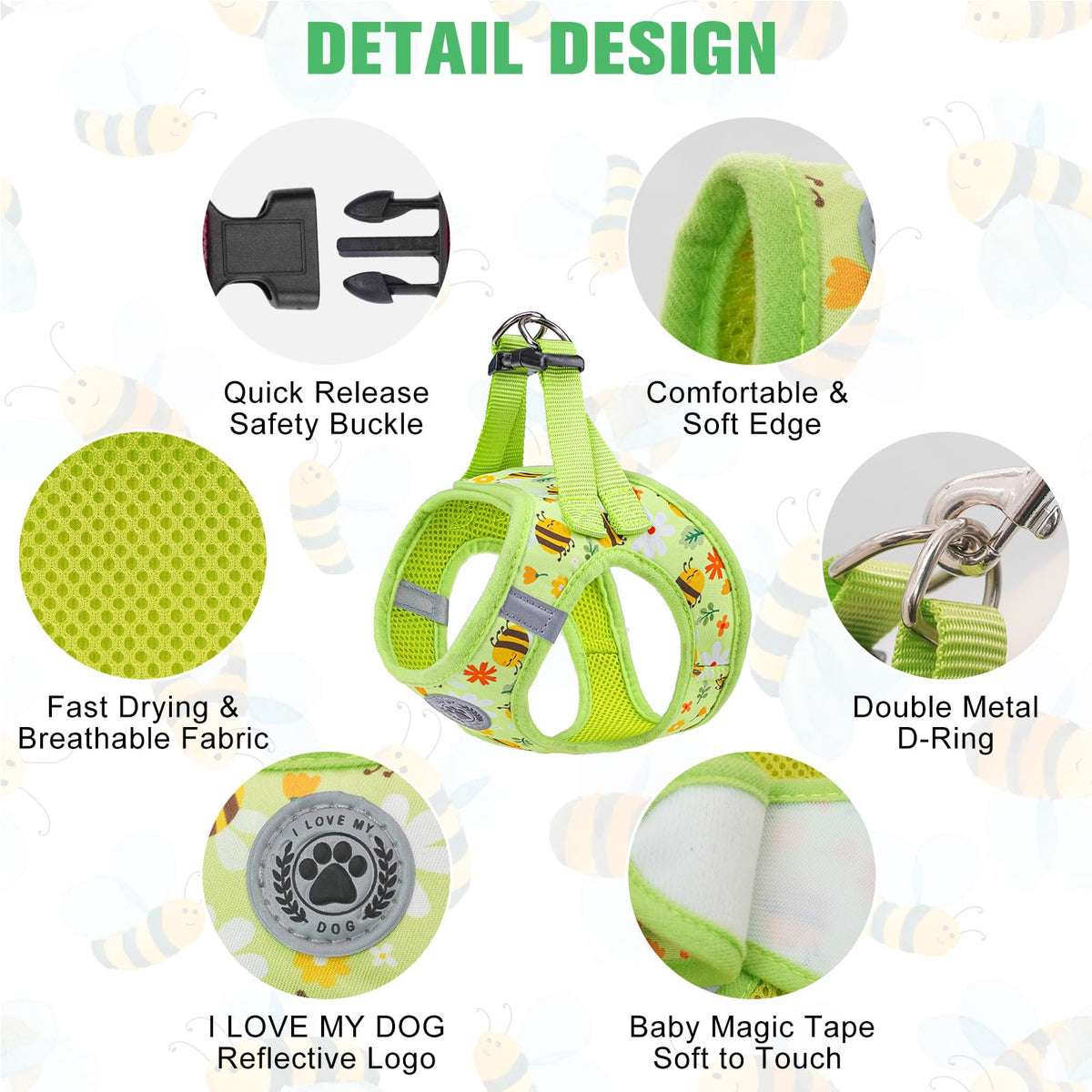 Small Dog Harness and Leash Set (XSmall(Chest Girth 13" - 14.5") / Bee Pattern)