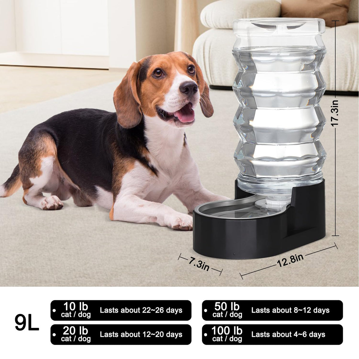 9L Filtered Dog Water Dispenser (Pure Black / 9L)