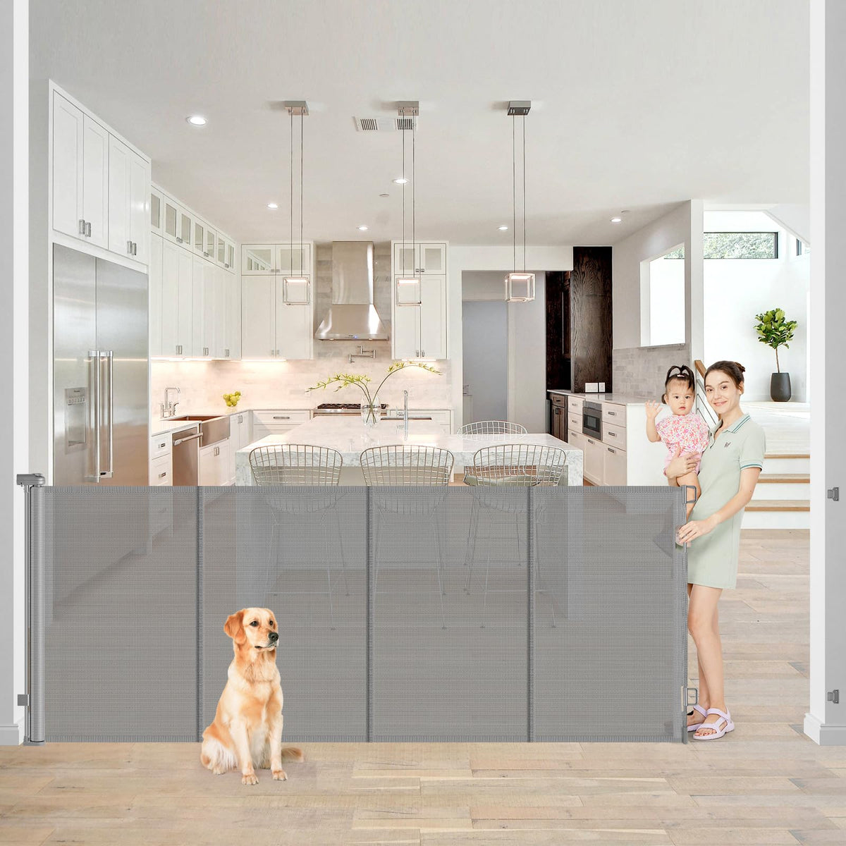 Reinforced 42" Extra Tall x 80" Wide Retractable Baby Gates with Rods (Gray / Reinforced 42" Tall X 80" Wide)