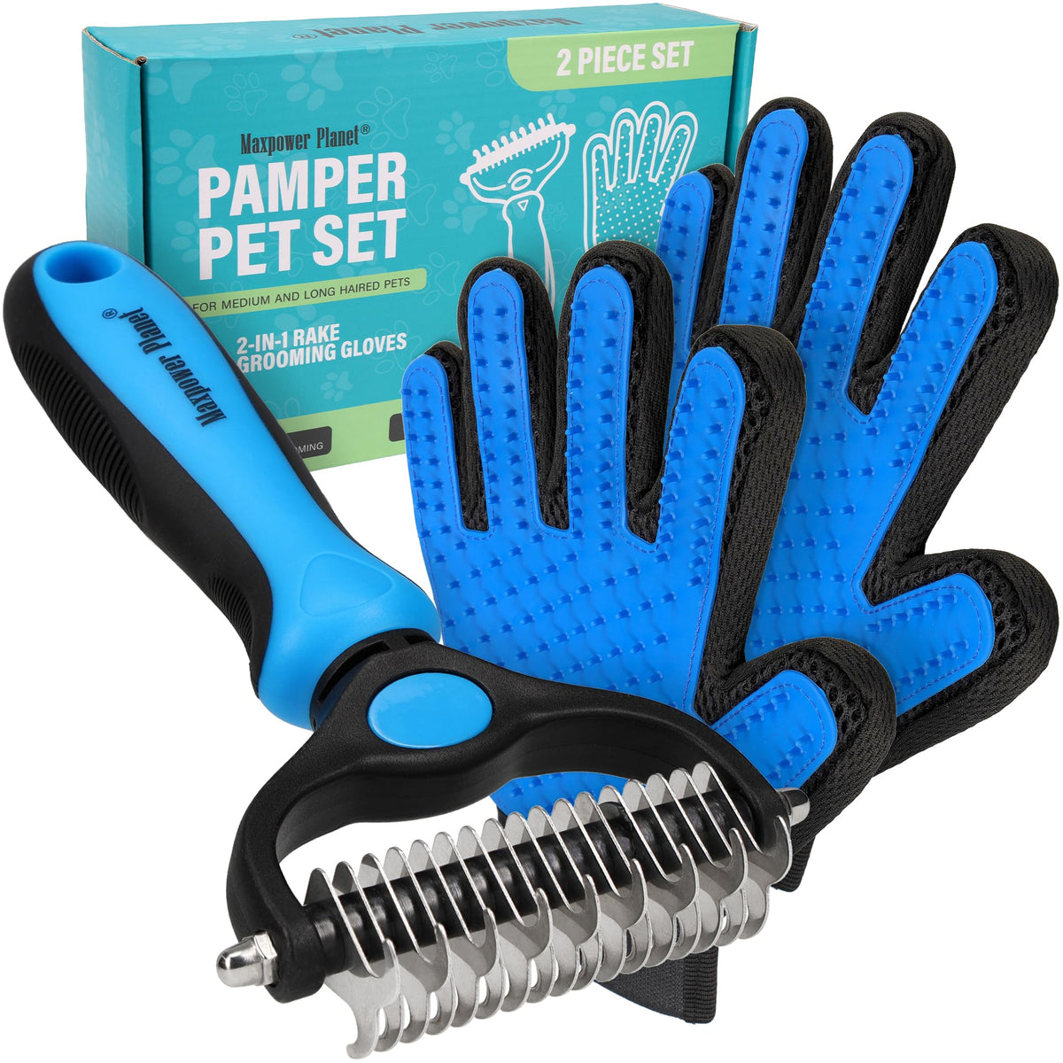 Pet Grooming Brush and 2X Grooming Gloves Combo (A1 - Rake & Glove (Best Value) / Large)