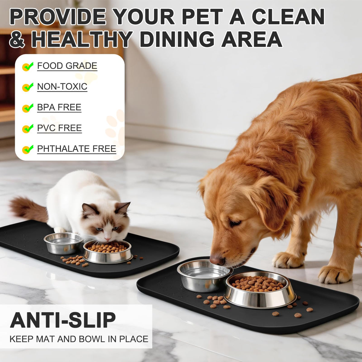 Waterproof Silicone Pet Food Mat with Raised Edge for Dog & Cat (19"L x 12"W / Black)