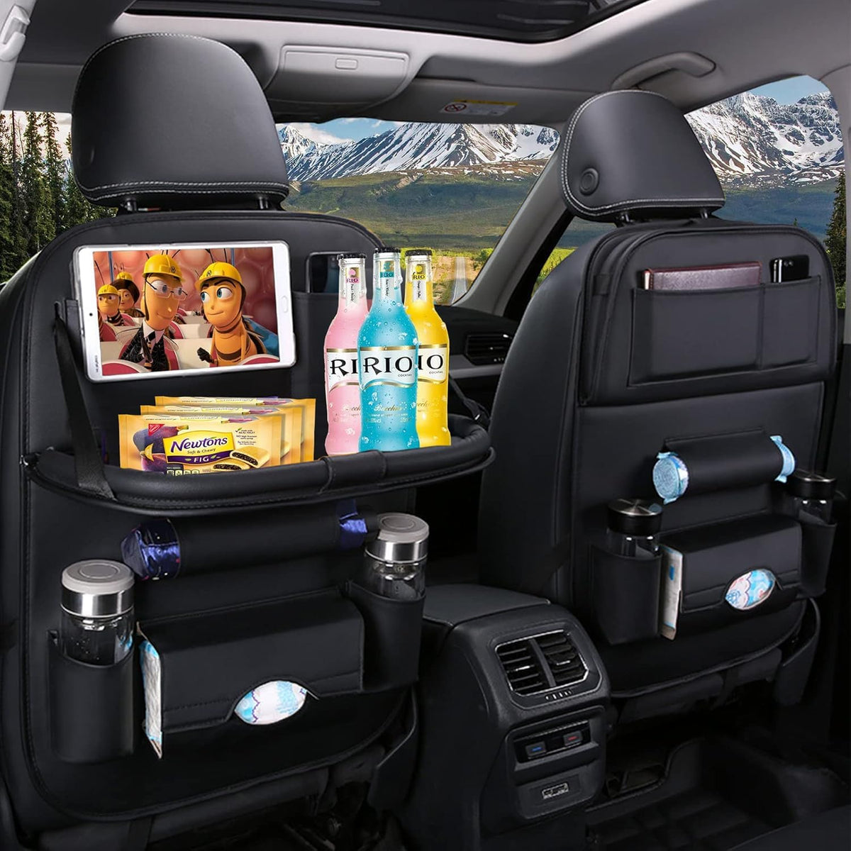 Premium PU Leather Backseat Seat Organizer with Foldable Table (2 Pack / Black)
