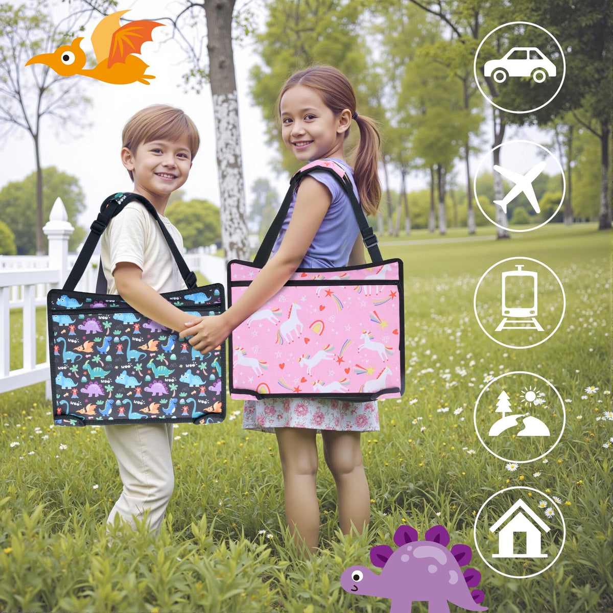 2PCS Kids Travel Tray for Toddler Car Seat (Dinosaur & Pink Unicorn)