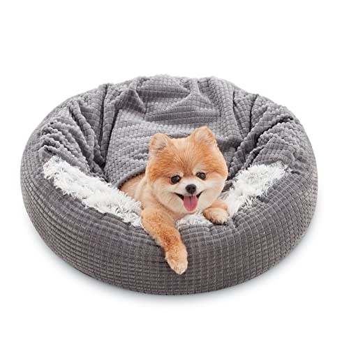 Small Dog Bed Cat Bed with Blanket Attached Donut Washable (23.0"L x 23.0"W x 6.0"Th)