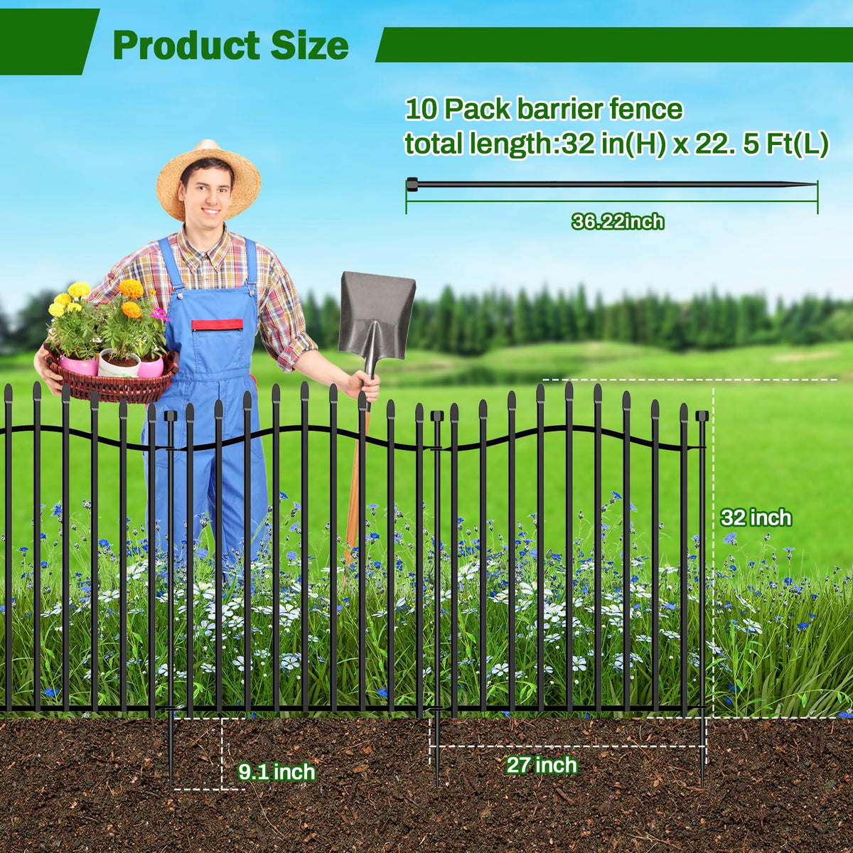 Metal Decorative Garden Fence 32" H x 22.5'L with Gate Yard Dog Panels (32 in(H) X 22.5 ft(L))